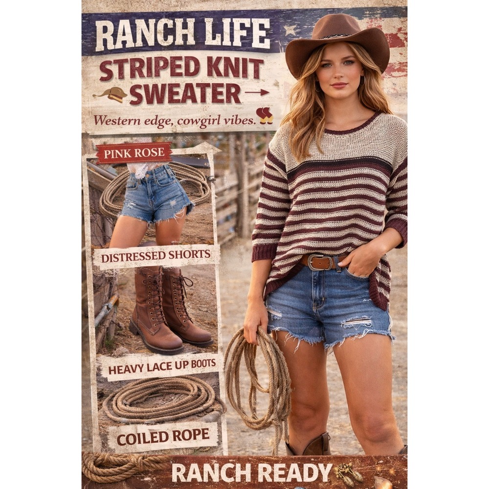Pink Rose‎ Striped Knit Sweater Western Boho Ranch Vibes Size L Burgundy Cream